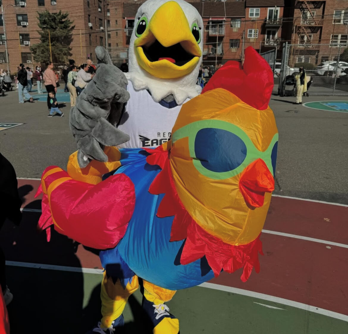 Rego Eagle mascot in Halloween costume on the school playground